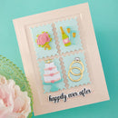 Wedding-themed card with decorative elements on a teal background