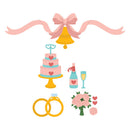 Illustrations of a wedding cake, champagne bottle, glasses, rings, and flowers on a white background.