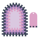 Decorative arch with pink and purple pattern on a white background