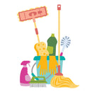 Set of cleaning tools including a broom, mop, sponges, and cleaning bottles on a white background.