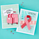 Two handmade cards with pink suitcase and ribbon design on a teal background