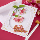 Greeting card with pink flowers and 'best wishes' text on a red background