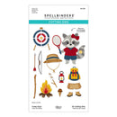 Spellbinders cutting dies packaging with raccoon character and camping-themed items on a white background
