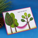 Card with trees and a hammock, featuring the text 'Time to Unplug', on a blue background.