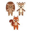 Three cartoon animals: a hedgehog, a deer, and a squirrel, on a white background.