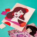 Colorful greeting card with a stylized illustration of a woman on a teal background