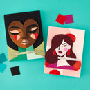 Two greeting cards with artistic illustrations on a teal background