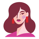 Illustration of a woman's face with red hair, earrings, and a pink top on a white background