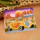 Card with a vintage car illustration and desert landscape, featuring the text 'You're built for GREATNESS'.
