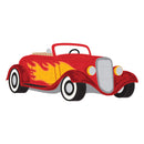 Red vintage car with flames on a white background