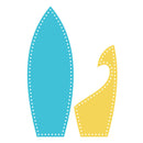 Two colorful cut-out shapes resembling surfboards on a white background