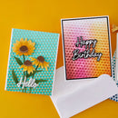 Two greeting cards on a yellow background, one with sunflowers and 'Hello', the other with 'Happy Birthday' text.