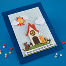Greeting card with house, sun, clouds, and animals on a blue background