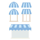 Set of blue and white striped canopies on a white background