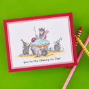 Greeting card with illustration of mice around a cake, on a green background