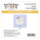 Spellbinders cling rubber stamp set featuring a mouse on a dandelion with branding and product details.