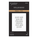 Spellbinders press and foil product packaging with text on a white background