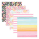 Set of colorful paper sheets with floral, heart, and striped patterns on a white background.