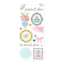 Decorative stickers with floral designs, frames, and text on a white background