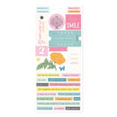 Sheet of decorative stickers with various phrases and designs on a white background