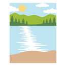 Illustration of a serene landscape with green mountains, trees, a blue sky, and a yellow sun.
