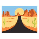 Desert landscape with cacti, mountains, and a large sun on a blue sky background.