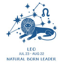 Blue Leo zodiac sign with constellation and descriptive text on a white background