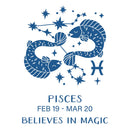 Pisces zodiac sign with constellation and belief in magic text on a white background