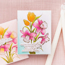 Floral card with tulips and daffodils on a pink textured background