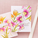 Floral card with pink and orange flowers on a pink textured background