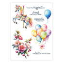 Greeting card with carousel horse, balloons, and flowers on a white background