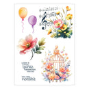 Decorative design with flowers, balloons, and motivational text on a white background