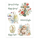 Easter-themed card with chicks, bunnies, flowers, and a cross on a white background.