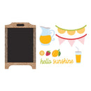 Chalkboard sign with decorative elements and 'hello sunshine' text on a white background