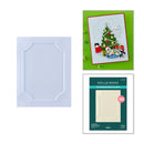A three-piece product collage showing a light blue embossed decorative cardstock sheet, a finished Christmas-themed greeting card made from the sheet, and the retail packaging for Spellbinders 3D embossing folders.