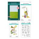 Collection of Spellbinders craft supplies including embossing folders, cutting dies, and clear stamps on a white background.