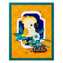 Greeting card with a yellow bird illustration and 'hello' text on an orange background