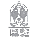 Metal die cut with parrot design and 'hello' text on a white background
