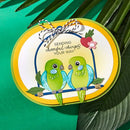 Decorative card with two cartoon birds and text 'Sending cheerful chirps your way' on a green leaf background.
