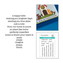 Greeting card with text and a small house illustration, featuring Spellbinders clear stamps.