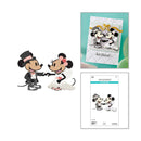 Set of wedding-themed paper cutouts and a card with 'Just Married' text, featuring cartoon characters in formal attire.
