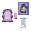 Decorative arches and a card with a birthday design on a white background