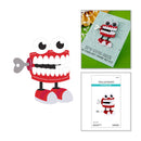 Red and white cartoon character with a card and packaging on a white background