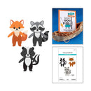 Set of forest animal cutouts including a fox, raccoon, and skunk with a branded card and cutting dies on a white background.