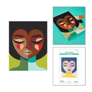 Three artistic portraits of faces on a white background