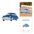 Blue vintage car cutout with packaging and cutting die card on a white background