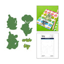 Green cutout shapes with 'wish big' text, a card with a dinosaur design, and a cutting dies package on a white background.