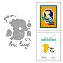 Crafting dies with owl design and 'free hugs' text, alongside a card and packaging.