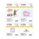 Set of four packages of cling rubber stamps with cartoon illustrations on a white background.