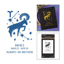 Aries zodiac sign with a blue ram illustration, a purple card with Aries symbol, and a white card with Aries symbol and text.